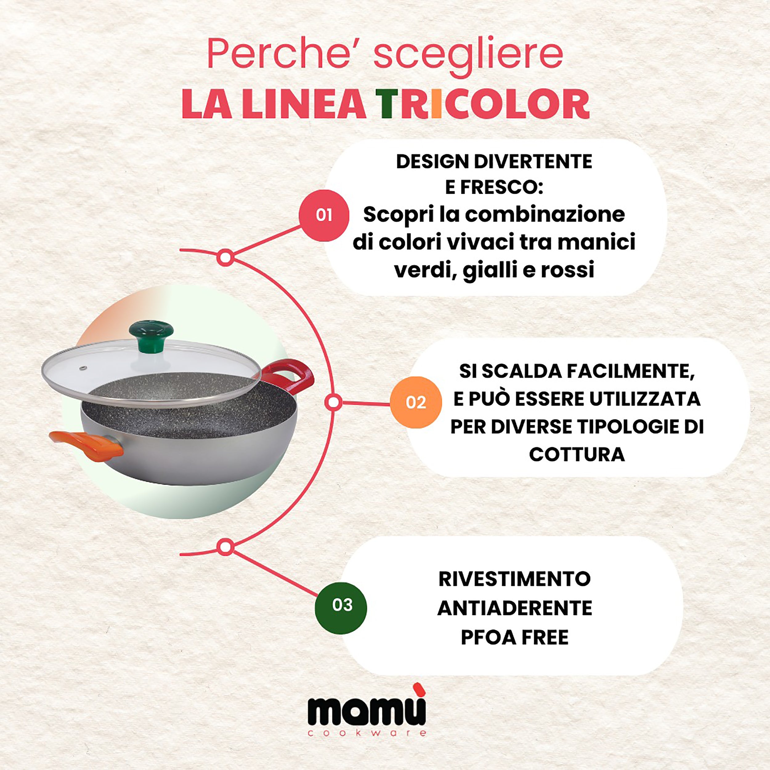 MAMÙ - Padelle set 3 pezzi Linea Tricolor diametro 18/22/26 cm